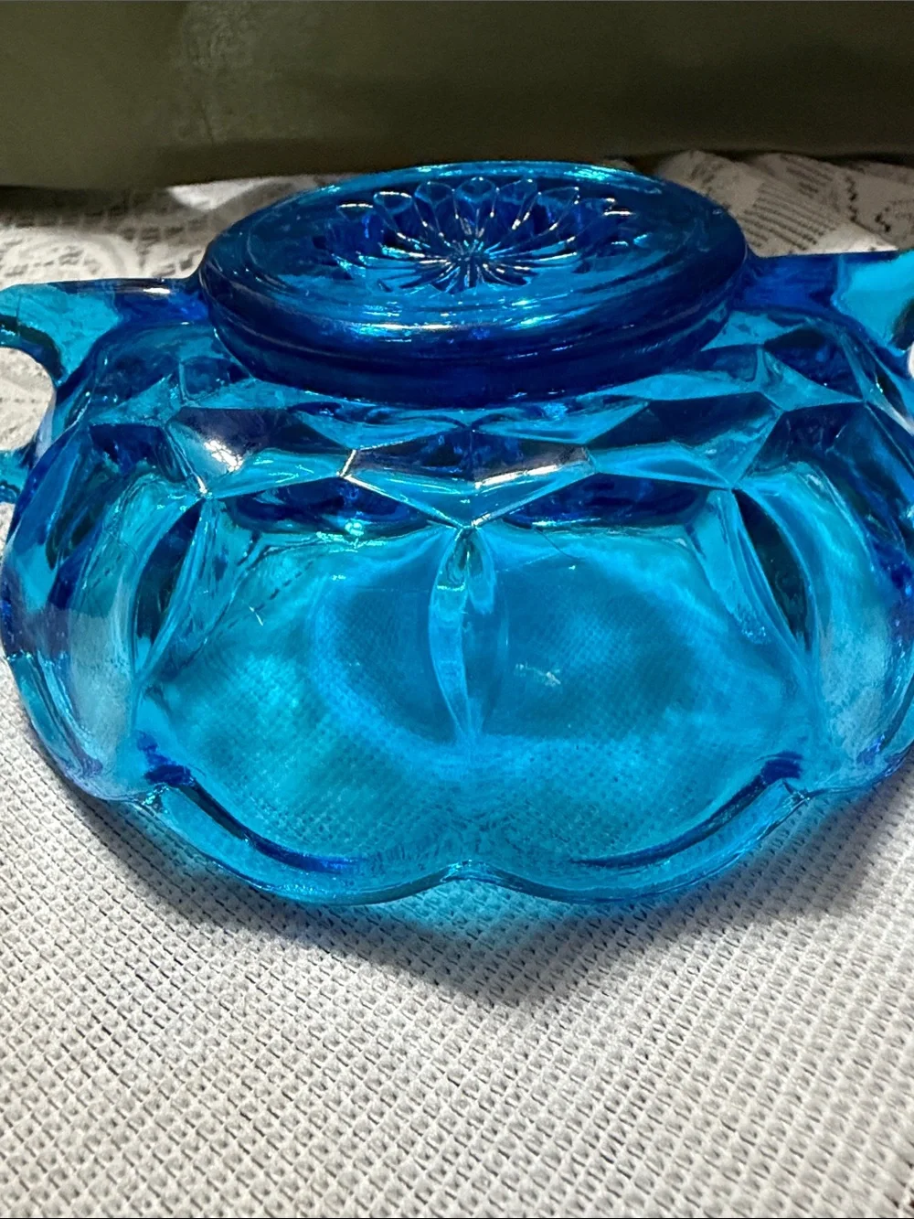 Vintage double handled Blue Glass Thumbprint pattern Candy Dish